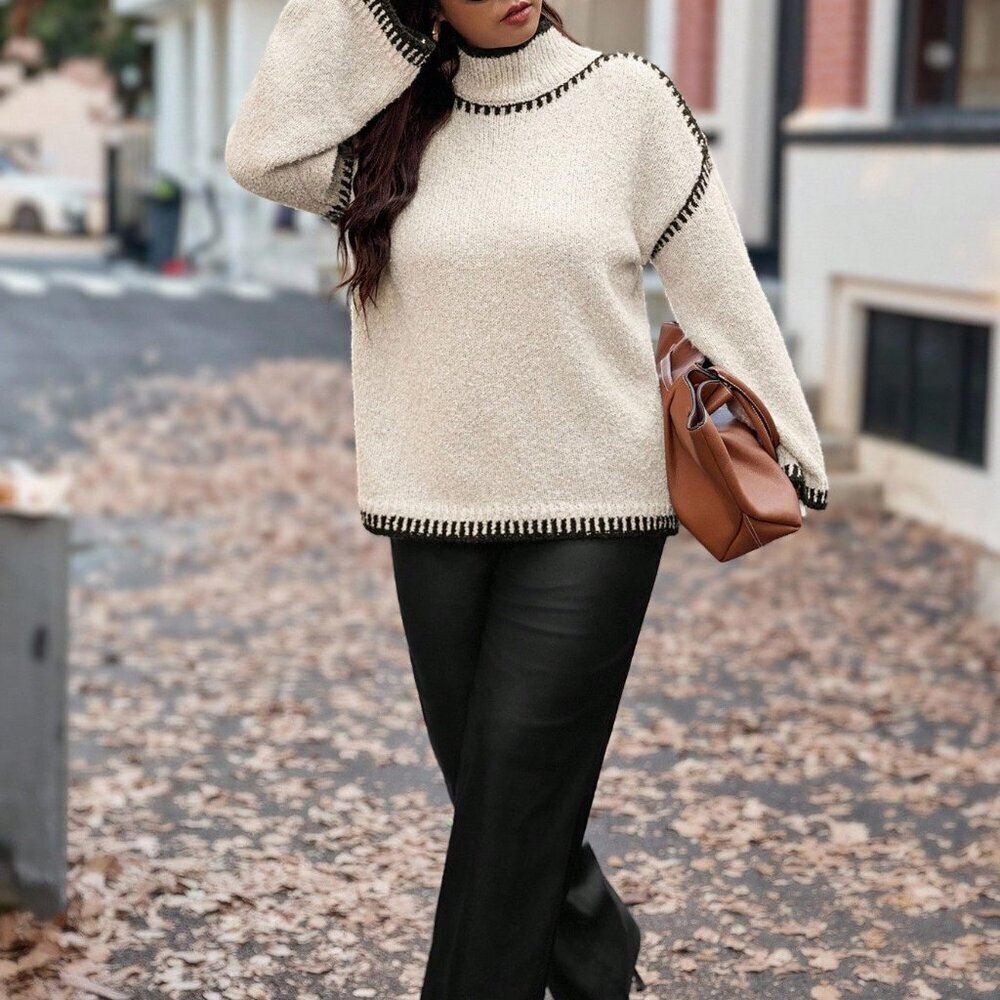 Khaki Casual Women's Plus Size Knitted Pullover Sweater - Picture 4 of 7
